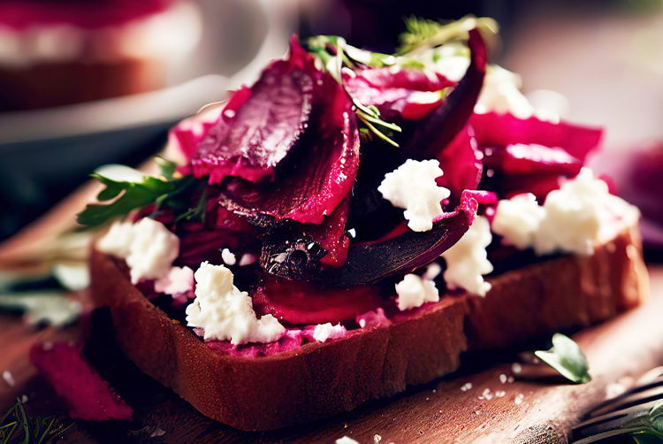 Fromage de chèvre et fleurs de betteraves sur brioche